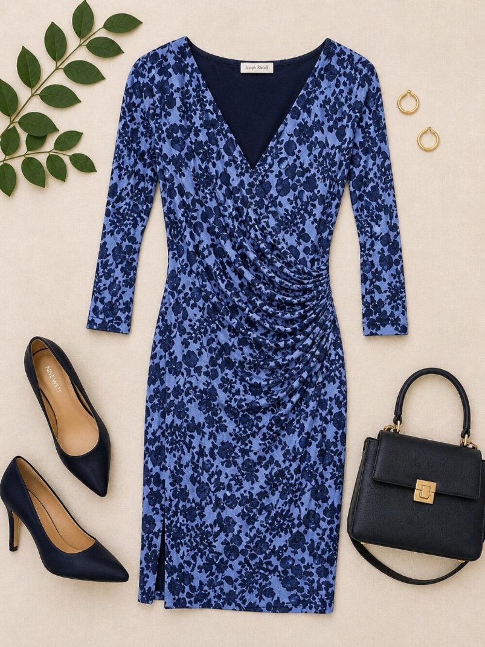 Tory Burch Blue Floral Ruched Dress Size S V-Neck 3/4 Sleeve Designer